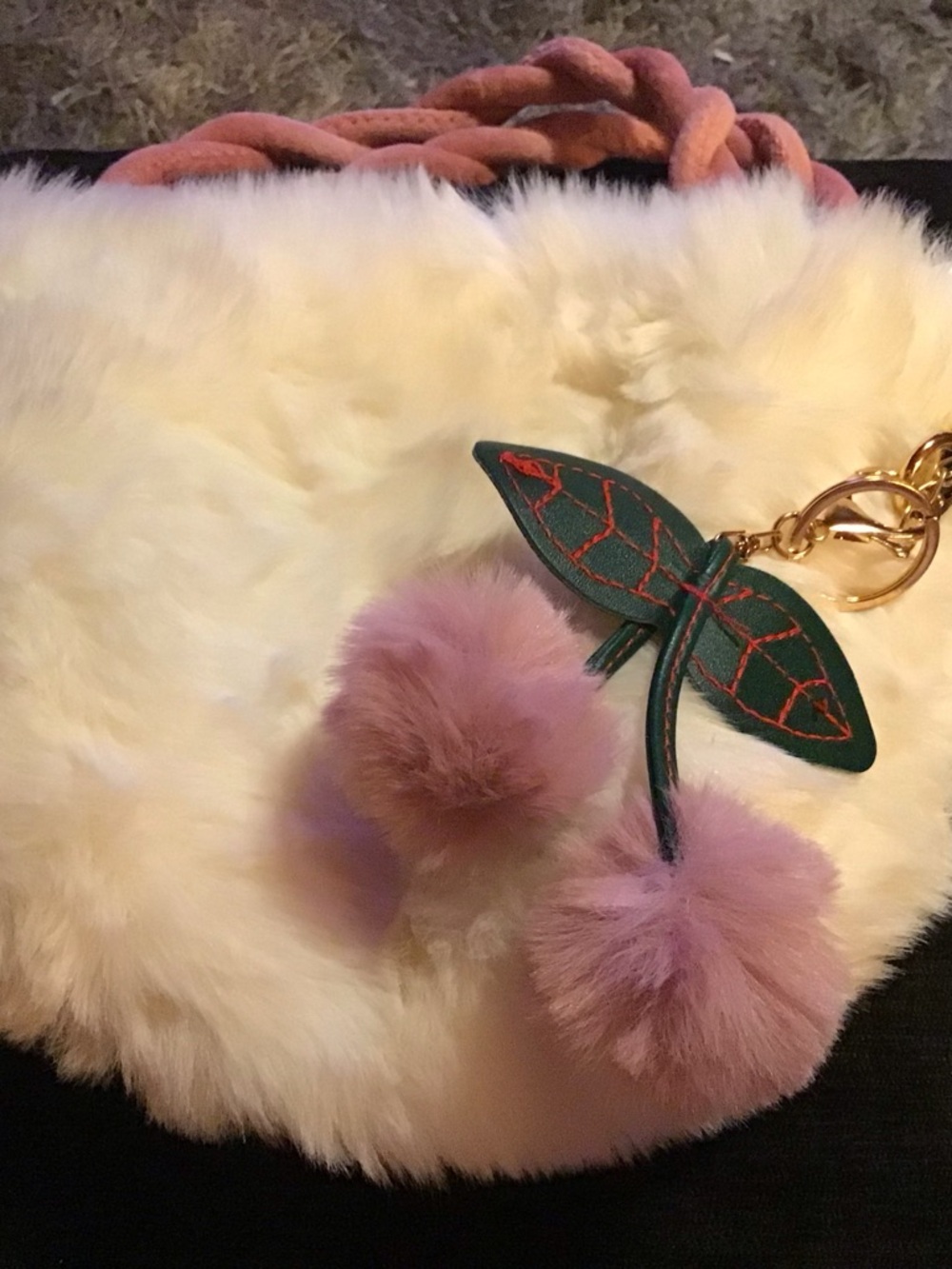 Pink Fur Pom Cherry Keychain with Green Leaf Accent